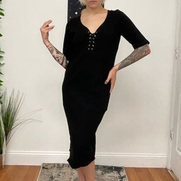 Monrow Mommy Jersey Lace-Up Midi Dress Short Sleeve Size L Black - Picture 4 of 16